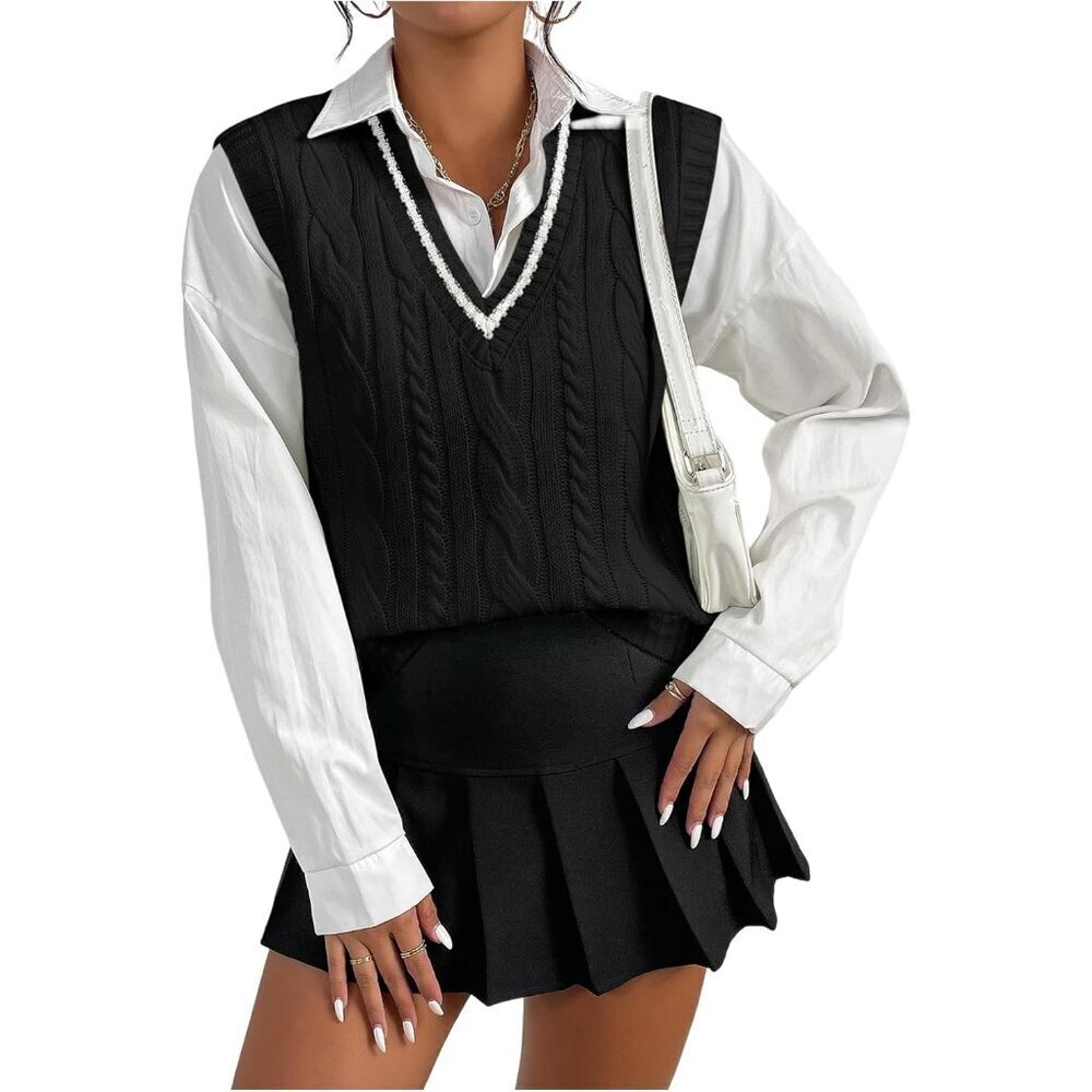 Women's Cable Knit Sweater Vest Sleeveless V Neck Knitted Tank Top Black